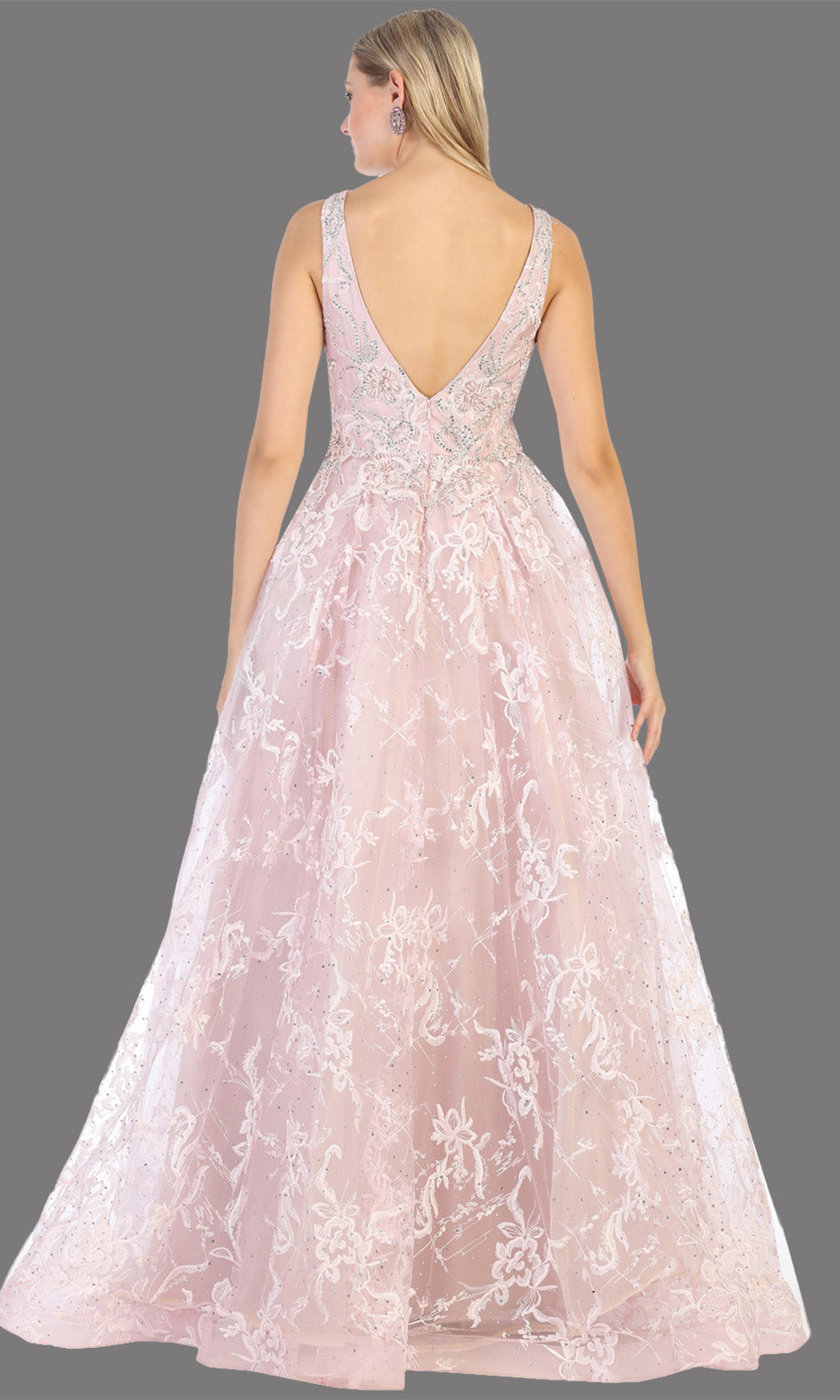Mayqueen RQ7801 long mauve v neck flowy floral lace taffeta dress. Perfect dusty rose dress for prom, engagement dress, e-shoot dress, formal wedding guest dress, debut, quinceanera, sweet 16, gala. Plus sizes avail in this light pink semi ballgown-b.jpg