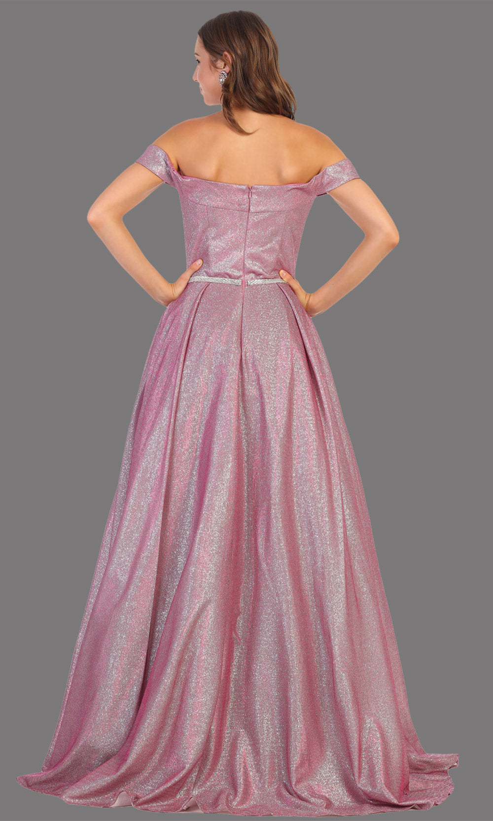Mayqueen RQ7802 long magenta off shoulder flowy metallic glitter dress. Perfect magenta dress for prom, engagement dress, e-shoot dress, formal wedding guest dress, debut, quinceanera, sweet 16, gala. Plus sizes avail in this pink semi ballgown-b.jpg