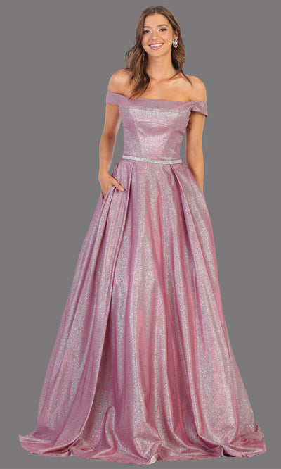 Mayqueen RQ7802 long magenta off shoulder flowy metallic glitter dress. Perfect magenta dress for prom, engagement dress, e-shoot dress, formal wedding guest dress, debut, quinceanera, sweet 16, gala. Plus sizes avail in this pink semi ballgown.jpg