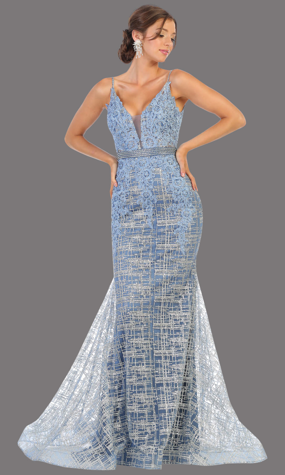 Mayqueen RQ7803 long dusty blue v neck sexy fitted sequin lace dress w/wide straps. Full length dusty blue gown is perfect for  enagagement/e-shoot dress, formal wedding guest, indowestern gown, evening party dress, prom, bridesmaid. Plus sizes avail.jpg