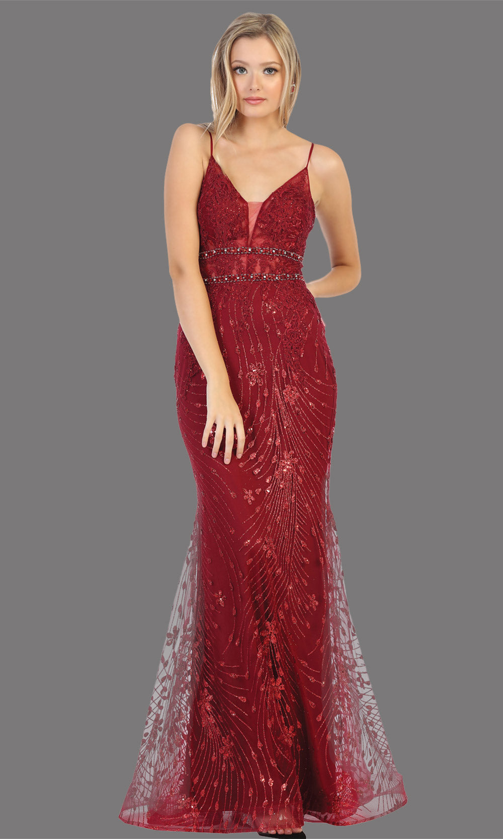 Mayqueen RQ7808 long burgundy red v neck sexy fitted sequin lace dress w/straps. Full length dark red gown is perfect for  enagagement/e-shoot dress, formal wedding guest, indowestern gown, evening party dress, prom, bridesmaid. Plus sizes avail.jpg