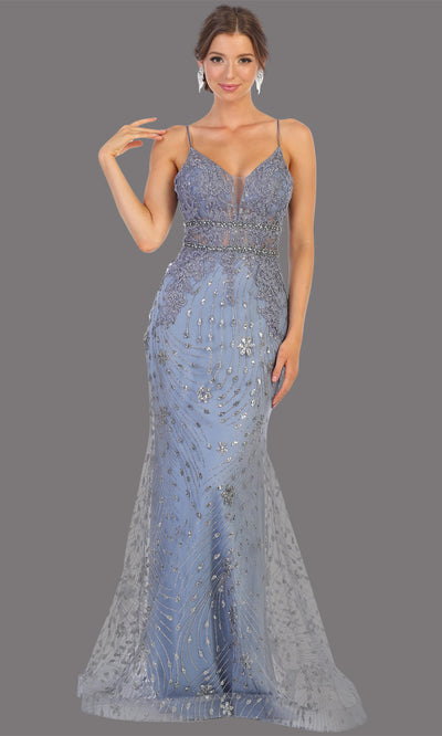 Mayqueen RQ7808 long dusty blue v neck sexy fitted sequin lace dress w/straps. Full length dusty blue gown is perfect for  enagagement/e-shoot dress, formal wedding guest, indowestern gown, evening party dress, prom, bridesmaid. Plus sizes avail.jpg