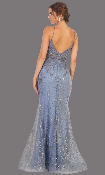 Mayqueen RQ7808 long dusty blue v neck sexy fitted sequin lace dress w/straps. Full length dusty blue gown is perfect for  enagagement/e-shoot dress, formal wedding guest, indowestern gown, evening party dress, prom, bridesmaid. Plus sizes avail-b.jpg
