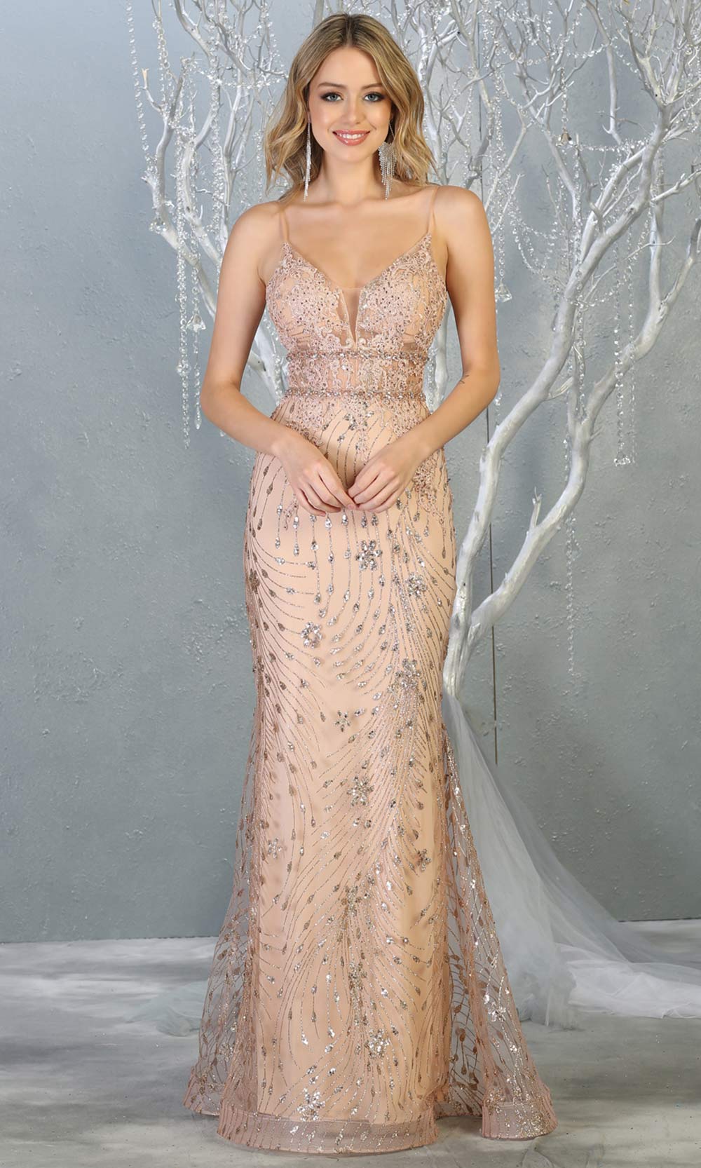 Mayqueen RQ7808 long rose gold v neck sexy fitted sequin lace dress w/straps. Full length rose gold gown is perfect for  enagagement/e-shoot dress, formal wedding guest, indowestern gown, evening party dress, prom, bridesmaid. Plus sizes avail.jpg
