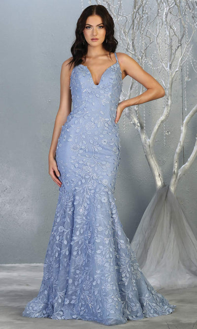 Mayqueen RQ7811 long dusty blue v neck sexy fitted lace mermaid dress w/open back. Full length light blue gown is perfect for  enagagement/e-shoot dress, formal wedding guest, indowestern gown, evening party dress, prom, bridesmaid. Plus sizes avail.jpg