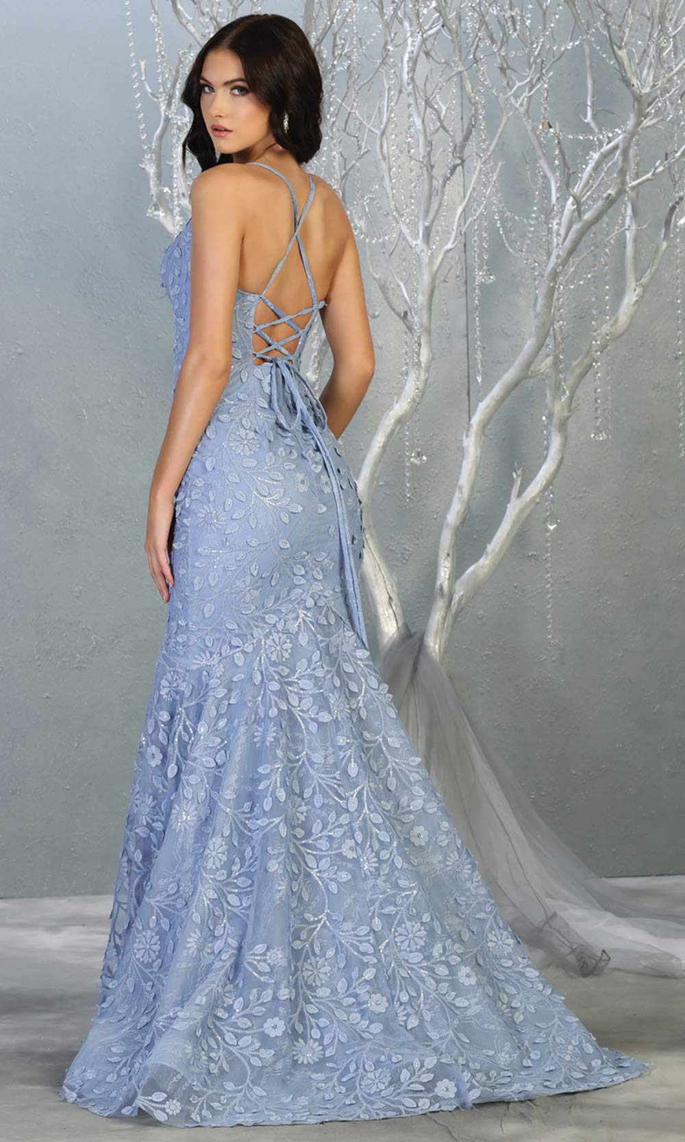 Mayqueen RQ7811 long dusty blue v neck sexy fitted lace mermaid dress w/open back. Full length light blue gown is perfect for  enagagement/e-shoot dress, formal wedding guest, indowestern gown, evening party dress, prom, bridesmaid. Plus sizes avail-b.jpg