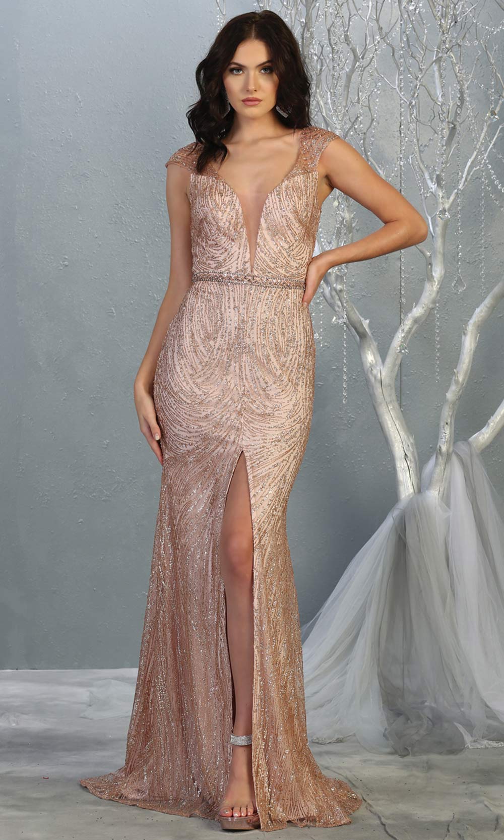 Mayqueen RQ7812 long rose gold v neck sexy fitted sequin dress w/cap sleeves. Full length light pink gown is perfect for  enagagement/e-shoot dress, formal wedding guest, indowestern gown, evening party dress, prom, bridesmaid. Plus sizes avail.jpg