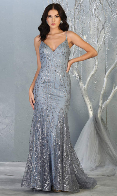 Mayqueen RQ7814 long dusty blue v neck sexy fitted sequin dress w/straps. Full length grey blue gown is perfect for  enagagement/e-shoot dress, formal wedding guest, indowestern gown, evening party dress, prom, bridesmaid. Plus sizes avail.jpg