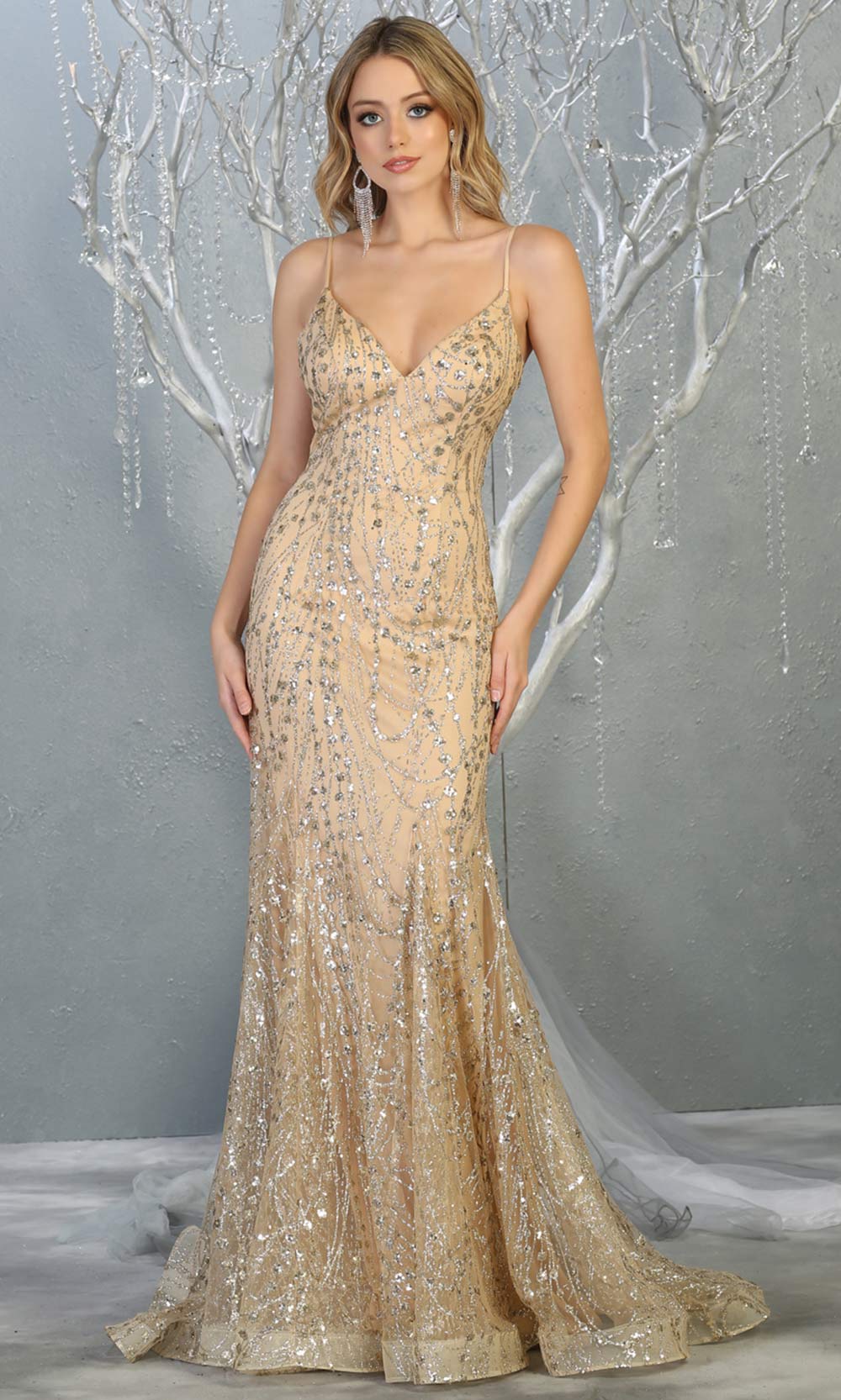 Mayqueen RQ7814 long gold v neck sexy fitted sequin dress w/straps. Full length light gold gown is perfect for  enagagement/e-shoot dress, formal wedding guest, indowestern gown, evening party dress, prom, bridesmaid. Plus sizes avail.jpg