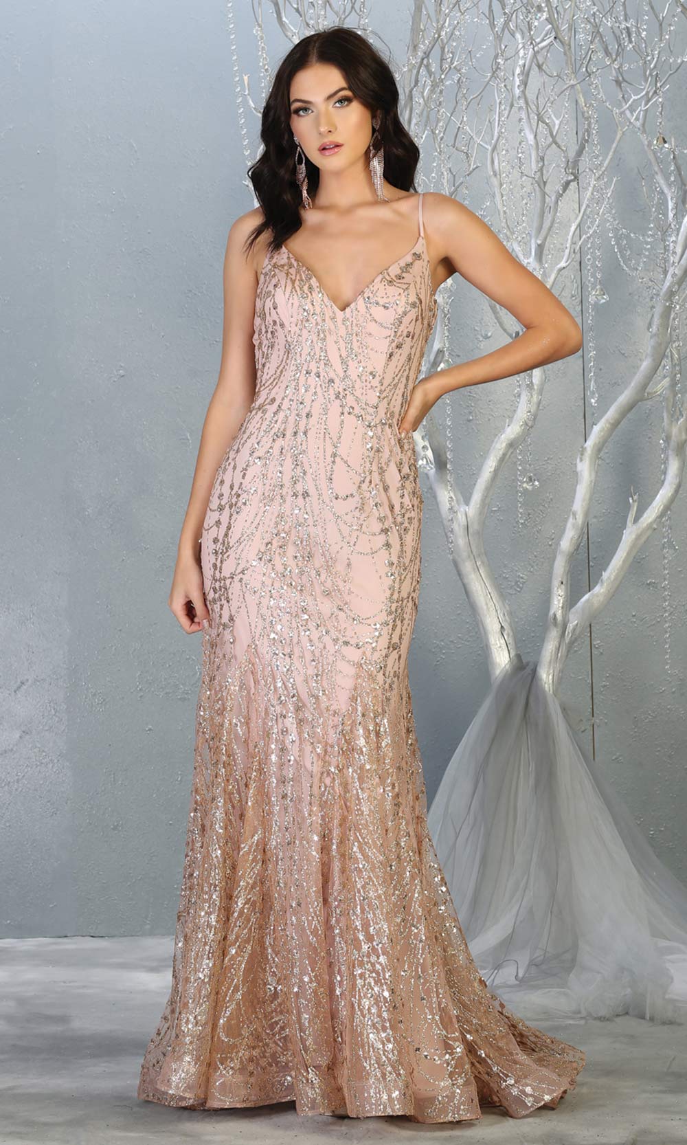 Mayqueen RQ7814 long rose gold v neck sexy fitted sequin dress w/straps. Full length rose gold gown is perfect for  enagagement/e-shoot dress, formal wedding guest, indowestern gown, evening party dress, prom, bridesmaid. Plus sizes avail.jpg