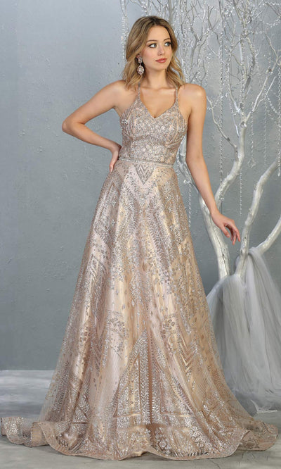Mayqueen RQ7817 long champagne halter flowy tulle beaded dress. Perfect light gold dress for prom, engagement dress, e-shoot dress, formal wedding guest dress, debut, quinceanera, sweet 16, gala. Plus sizes avail in this light gold semi ballgown.jpg