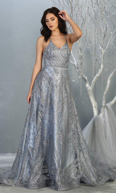 Mayqueen RQ7817 long dusty blue halter flowy tulle beaded dress. Perfect dusty blue dress for prom, engagement dress, e-shoot dress, formal wedding guest dress, debut, quinceanera, sweet 16, gala. Plus sizes avail in this light blue semi ballgown.jpg