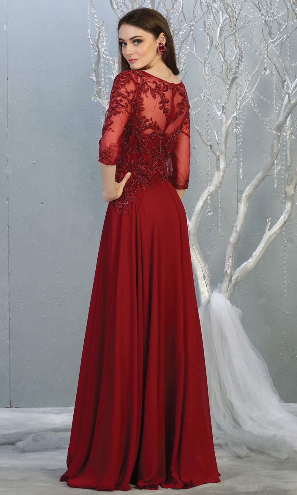 Mayqueen RQ7820 long burgundy red modest flowy dress w/ long sleeves. Dark red chiffon & lace top is perfect for  mother of the bride, formal wedding guest, indowestern gown, evening party dress, dark red muslim party dress. Plus sizes avail-b.jpg