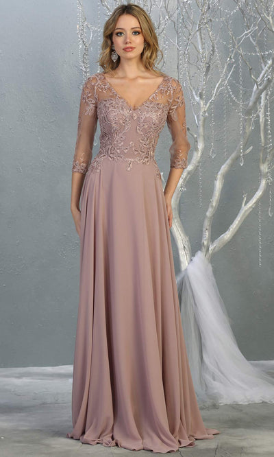 Mayqueen RQ7820 long mauve modest flowy dress w/ long sleeves. Dusty rose chiffon & lace top is perfect for  mother of the bride, formal wedding guest, indowestern gown, evening party dress, mauve muslim party dress. Plus sizes avail.jpg
