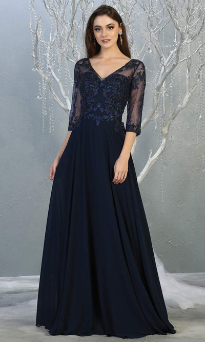 Mayqueen RQ7820 long navy blue modest flowy dress w/ long sleeves. Dark blue chiffon & lace top is perfect for  mother of the bride, formal wedding guest, indowestern gown, evening party dress, dark blue muslim party dress. Plus sizes avail.jpg