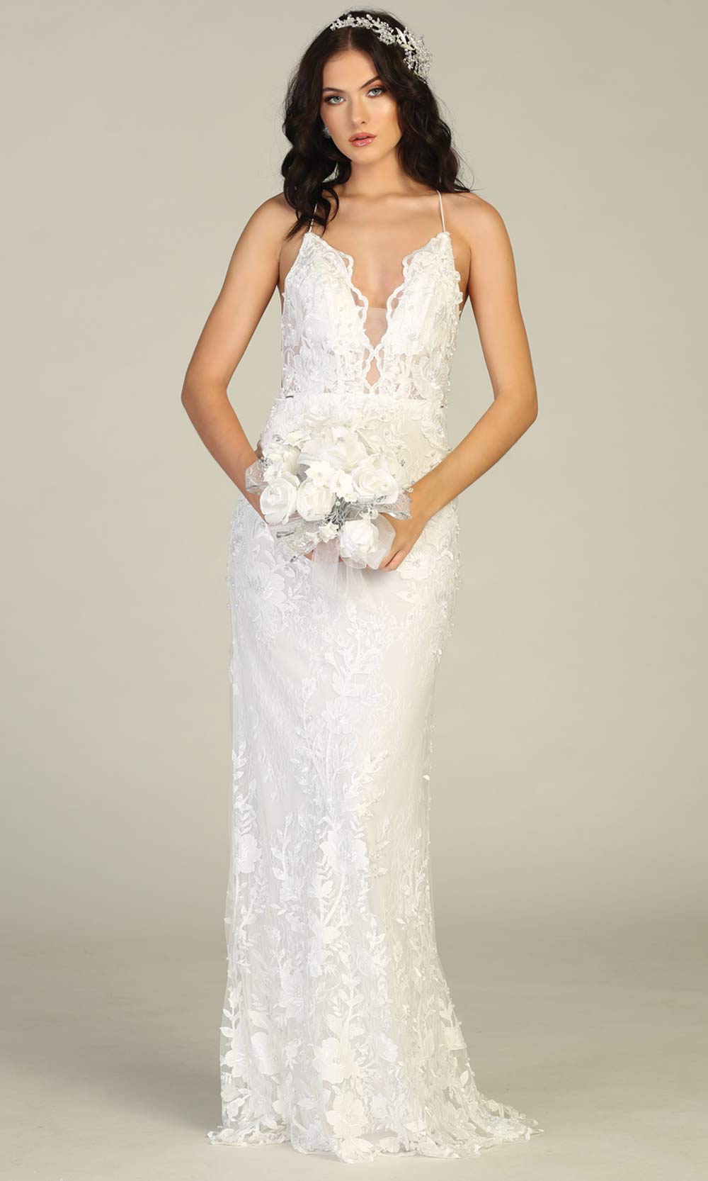 Mayqueen RQ7823-long ivory sexy wedding dress w/v neck & open back. Formal lace mermaid dress is perfect wedding bridal dress, simple prom dress, court/civil wedding, second wedding, destination wedding dress, cheap wedding dress. Plus sizes avail.jpg