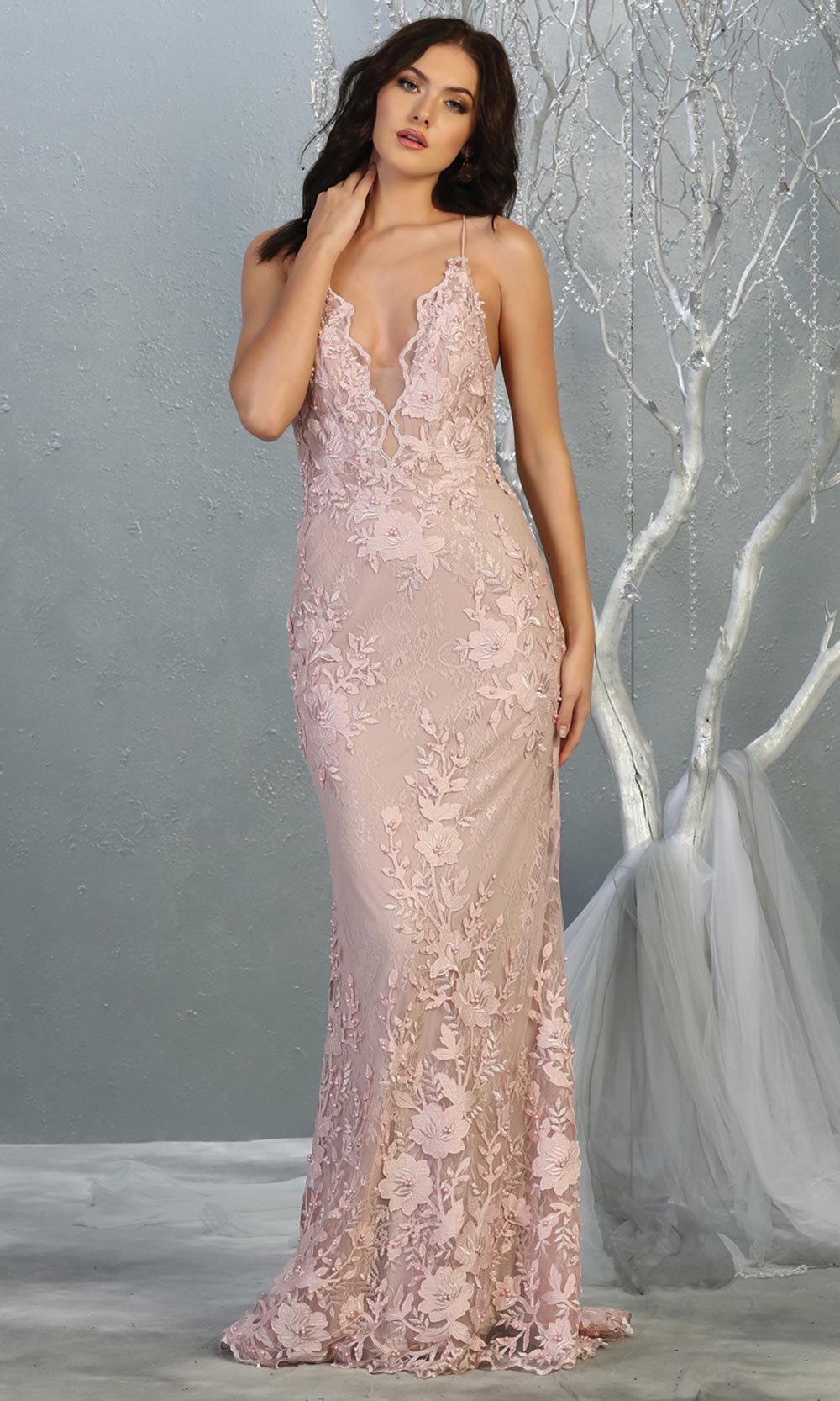 Mayqueen RQ7823 long mauve v neck evening fitted lace dress w/straps. Full length light pink gown is perfect for  enagagement/e-shoot dress, formal wedding guest, indowestern gown, evening party dress, prom, bridesmaid. Plus sizes avail-1.jpg