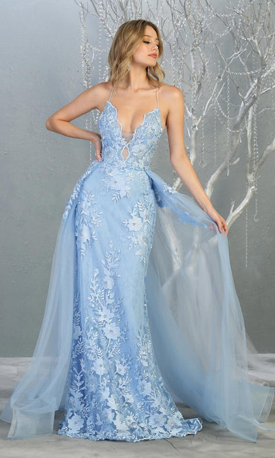Mayqueen RQ7823 long perry blue v neck evening fitted lace dress w/straps. Full length light blue gown is perfect for  enagagement/e-shoot dress, formal wedding guest, evening party dress, prom, engagement, wedding reception. Plus sizes avail-2.jpg