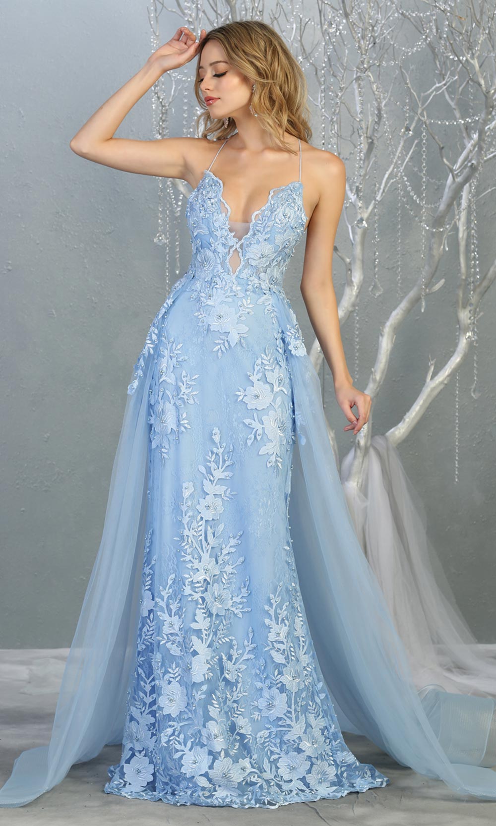 Mayqueen RQ7823 long perry blue v neck evening fitted lace dress w/straps. Full length light blue gown is perfect for  enagagement/e-shoot dress, formal wedding guest, evening party dress, prom, engagement, wedding reception. Plus sizes avail.jpg