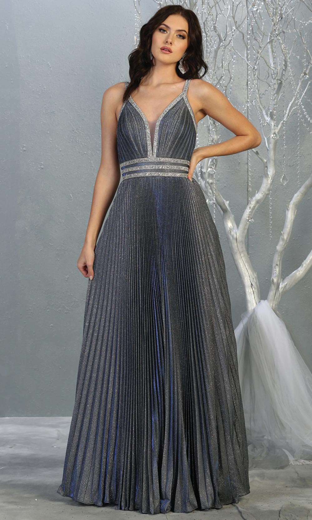 Mayqueen RQ7827 long v neck dusty blue evening dress w/straps & pleated skirt. Full length dark blue gown is perfect for  enagagement/e-shoot dress, formal wedding guest, evening party dress,prom, engagement, wedding reception. Plus sizes avail.jpg