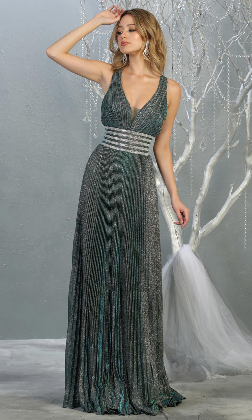 Mayqueen RQ7828 long v neck dark green evening dress w/ wide straps & pleated skirt. Full length dark green gown is perfect for  enagagement/e-shoot dress, formal wedding guest, evening party dress,prom, engagement, wedding reception. Plus sizes avail.jpg