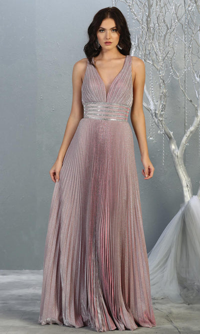 Mayqueen RQ7828 long v neck dusty rose evening dress w/ wide straps & pleated skirt.Full length light pink gown is perfect for  enagagement/e-shoot dress,formal wedding guest, evening party dress,prom, engagement, wedding reception. Plus sizes avail.jpg