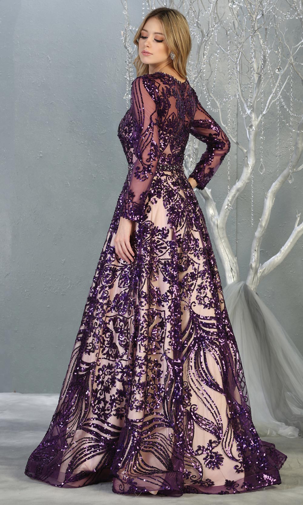 Mayqueen RQ7832 long eggplant modest evening dress w/long sleeves. Full length dark purple flowy gown is perfect for  enagagement/e-shoot dress, formal wedding guest, evening party dress, prom, engagement, wedding reception. Plus sizes avail-b.jpg