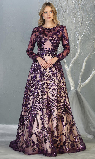 Mayqueen RQ7832 long eggplant modest evening dress w/long sleeves. Full length dark purple flowy gown is perfect for  enagagement/e-shoot dress, formal wedding guest, evening party dress, prom, engagement, wedding reception. Plus sizes avail.jpg