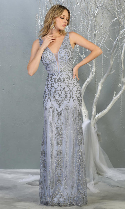 Mayqueen RQ7840 long dusty blue sequin v neck evening gown w/low back. Full length low back fitted gown is perfect for  enagagement/e-shoot dress, formal wedding guest, evening party dress, prom, engagement, wedding reception. Plus sizes avail.jpg