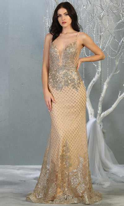 Mayqueen RQ7845 long gold sequin v neck evening gown w/straps & low back. Full length fitted gold gown is perfect for  enagagement/e-shoot dress, formal wedding guest, evening party dress, prom, engagement, wedding reception. Plus sizes avail.jpg