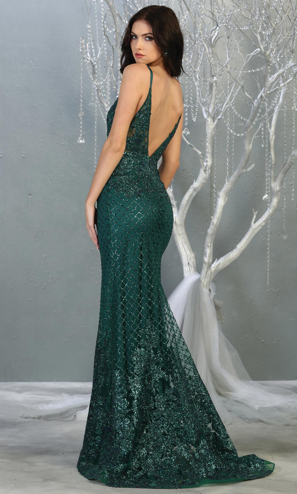 Mayqueen RQ7845 long hunter green sequin v neck evening gown w/straps & low back. Full length fitted green gown is perfect for  enagagement/e-shoot dress, formal wedding guest, evening party dress,prom,engagement, wedding reception. Plus sizes avail-b.jpg