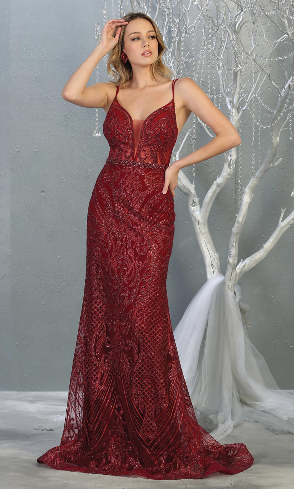 Mayqueen RQ7846 long burgundy red sequin v neck evening gown w/straps & low back. Full length fitted red gown is perfect for  enagagement/e-shoot dress, formal wedding guest, evening party dress, prom, engagement, wedding reception. Plus sizes avail.jpg