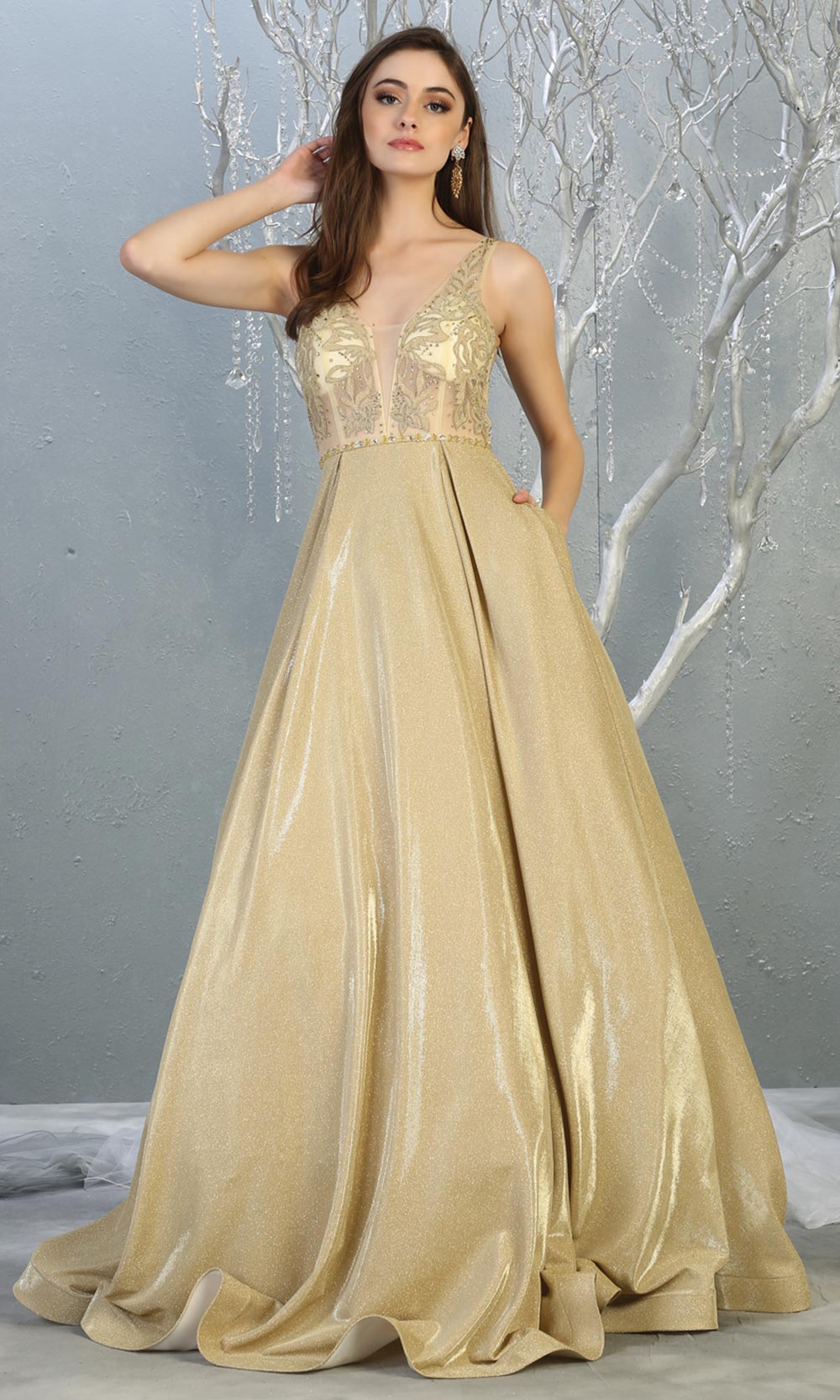 Mayqueen RQ7847 long gold metallic v neck evening gown w/straps & low back. Full length flowy gold gown is perfect for  enagagement/e-shoot dress, formal wedding guest, evening party dress, prom, engagement, wedding reception. Plus sizes avail.jpg