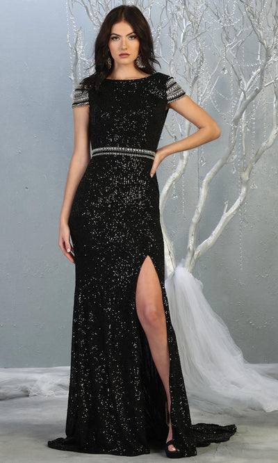 Mayqueen RQ7848 long black sequin high neck evening gown w/short sleeves & slit. Full length flowy black gown is perfect for  enagagement/e-shoot dress, formal wedding guest, evening party dress, prom, engagement, wedding reception. Plus sizes avail.jpg