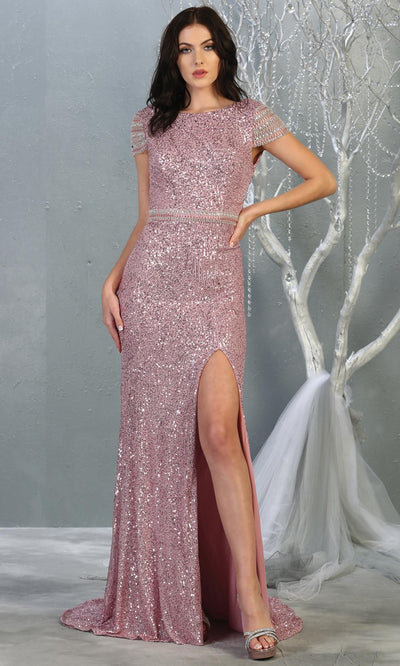 Mayqueen RQ7848 long dusty rose sequin high neck evening gown w/short sleeves & slit. Full length flowy gown is perfect for  enagagement/e-shoot dress, formal wedding guest, evening party dress, prom, engagement, wedding reception. Plus sizes avail.jpg