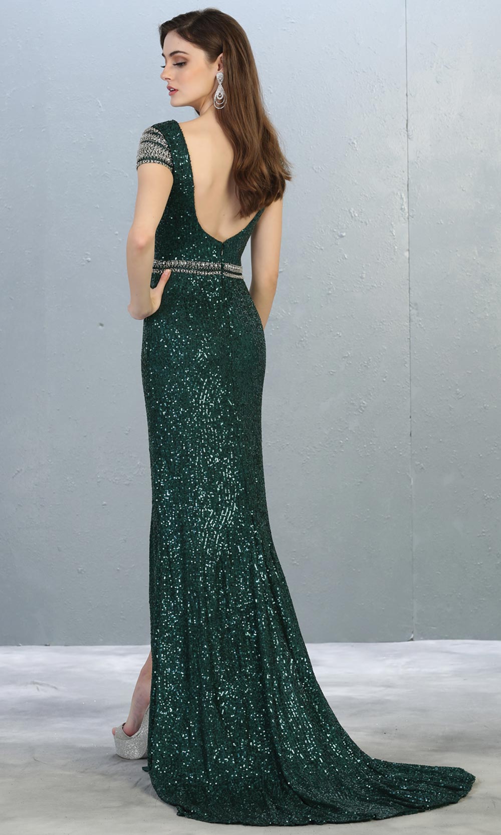 Mayqueen RQ7848 long hunter green sequin high neck evening gown w/short sleeves & slit. Full length flowy gown is perfect for  enagagement/e-shoot dress, formal wedding guest, evening party dress,prom, engagement, wedding reception. Plus sizes avail-b.jpg