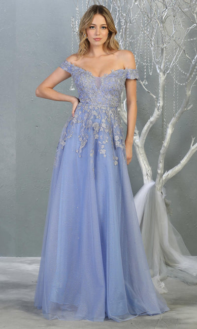 Mayqueen RQ7850 long dusty blue lace off shoulder evening gown w/flowy tulle skirt. Full length flowy gown is perfect for  enagagement/e-shoot dress, formal wedding guest, evening party dress, prom, engagement, wedding reception. Plus sizes avail.jpg
