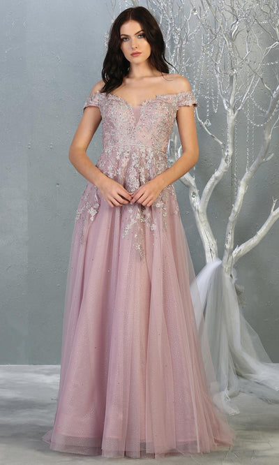 Mayqueen RQ7850 long mauve lace off shoulder evening gown w/flowy tulle skirt.Full length flowy dusty rose gown is perfect for  enagagement/e-shoot dress, formal wedding guest, evening party dress, prom, engagement, wedding reception. Plus sizes avail.jpg