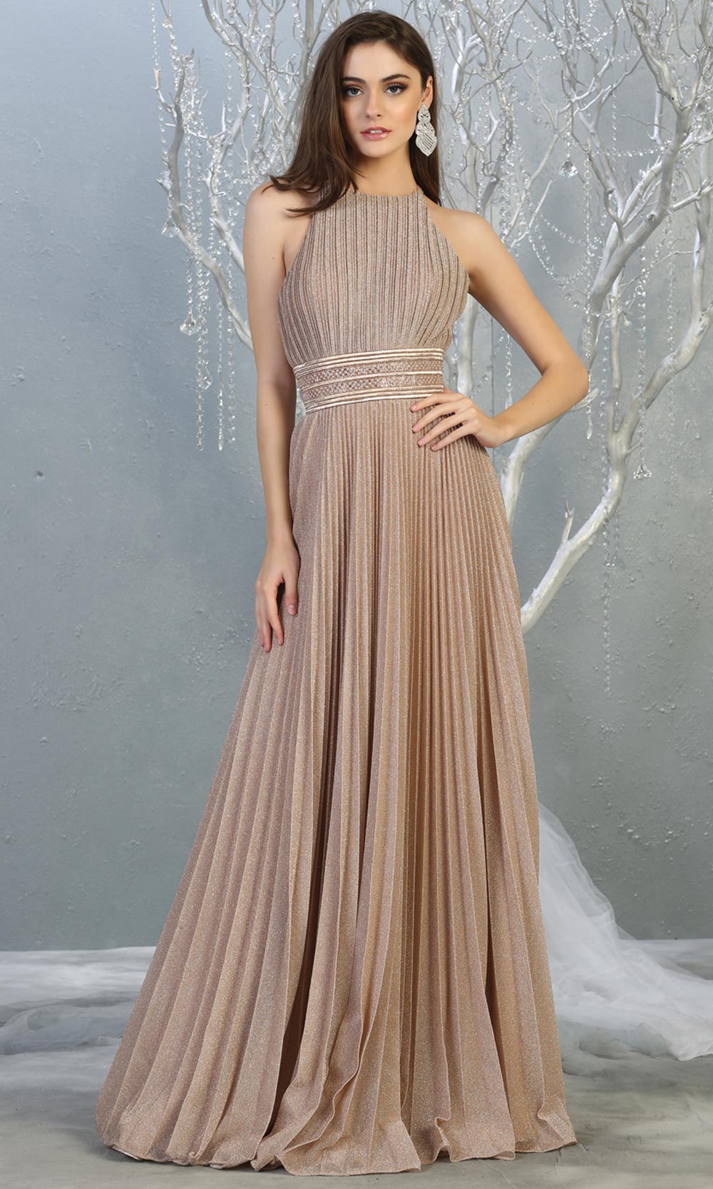 Mayqueen RQ7856 long rose gold metallic high neck evening gown w/open back. Full length flowy gown is perfect for  enagagement/e-shoot dress, formal wedding guest, evening party dress, prom, engagement, wedding reception. Plus sizes avail.jpg