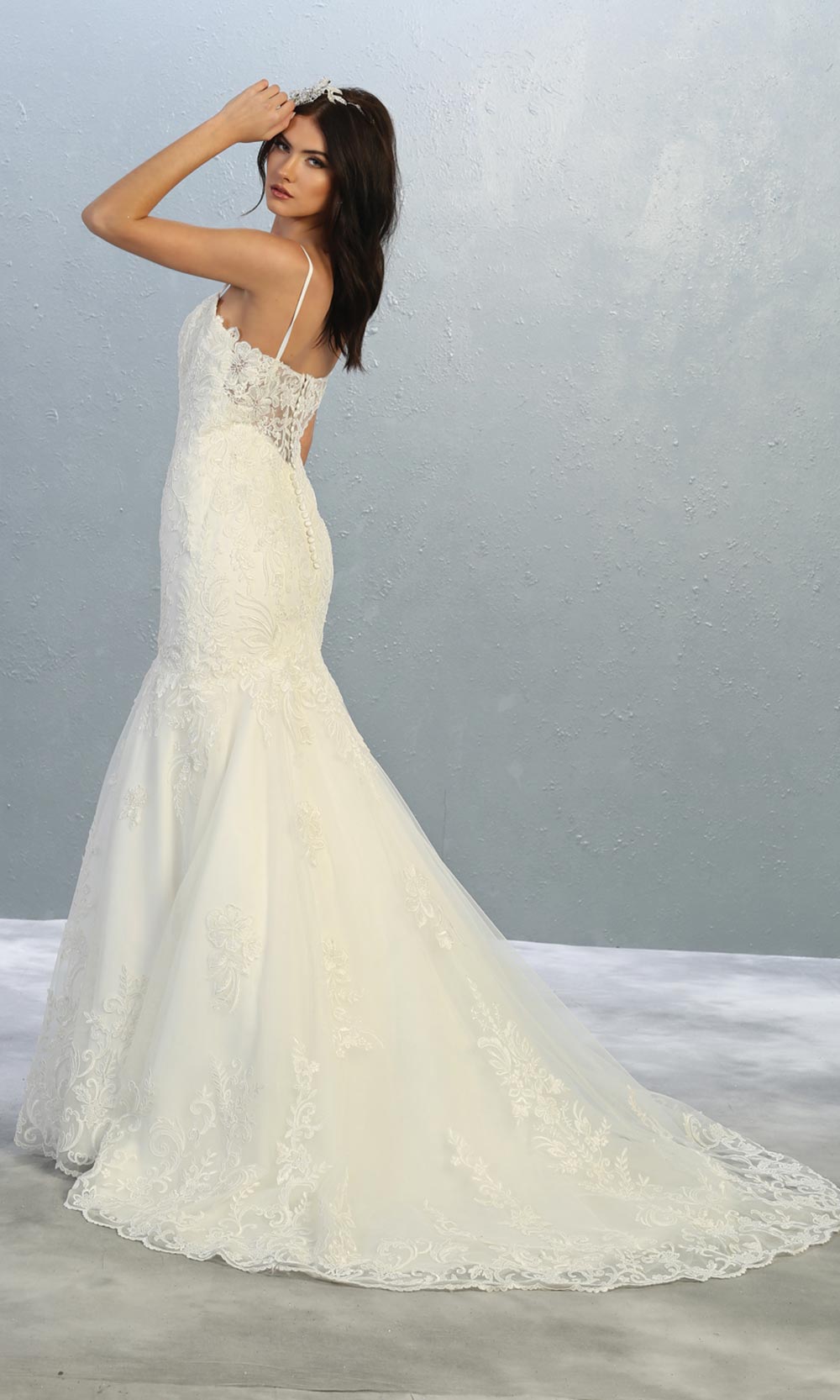 Mayqueen RQ7857 long ivory fitted lace wedding mermaid dress w/ train. Sexy bridal gown is perfect wedding bridal dress, sequin  prom dress, court/civil wedding, second wedding, destination wedding dress, cheap wedding dress. Plus sizes avail-b.jpg