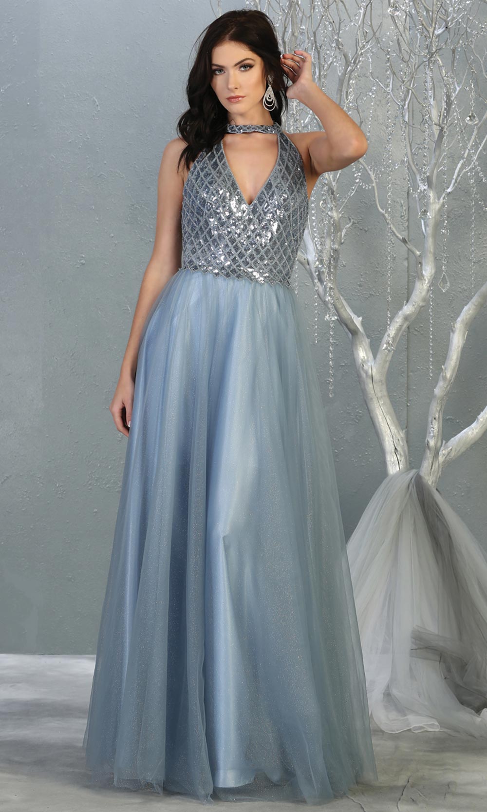 Mayqueen RQ7863 long dusty blue v neck sequin top evening gown. Full length flowy blue gown w/ tulle skirt is perfect for  enagagement/e-shoot dress, formal wedding guest, evening party dress, prom, engagement, wedding reception. Plus sizes avail.jpg