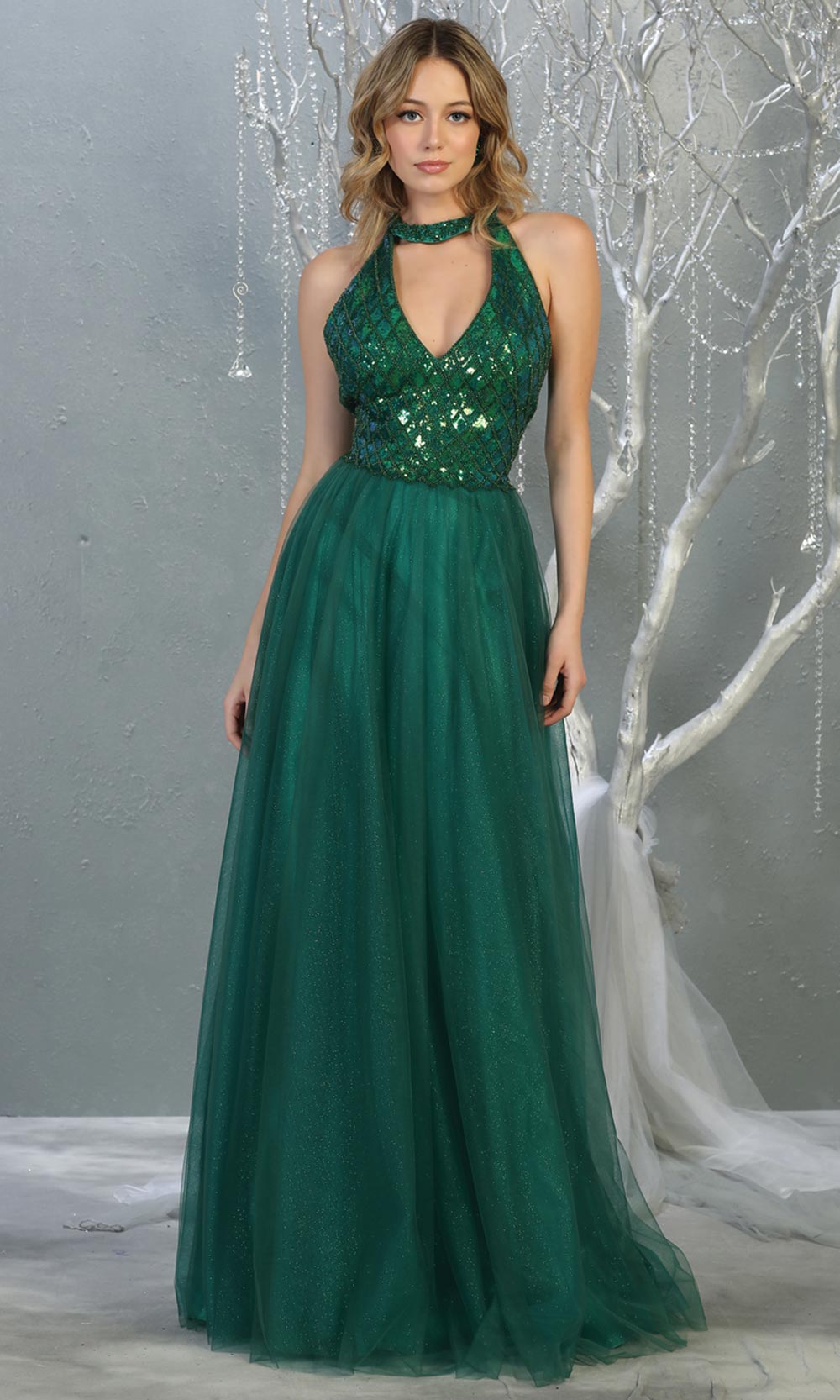 Mayqueen RQ7863 long hunter green v neck sequin top evening gown. Full length flowy green gown w/ tulle skirt is perfect for  enagagement/e-shoot dress, formal wedding guest, evening party dress, prom, engagement, wedding reception. Plus sizes avail.jpg