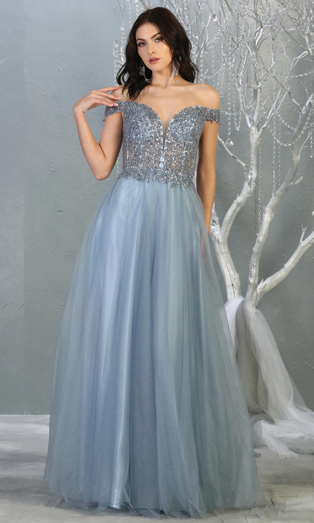 Mayqueen RQ7864 long dusty blue off shoulder sequin top evening gown. Full length flowy dress w/ tulle skirt is perfect for  enagagement/e-shoot dress, sweet 16, debut, formal evening party dress, prom, engagement, wedding reception. Plus sizes avail.jpg