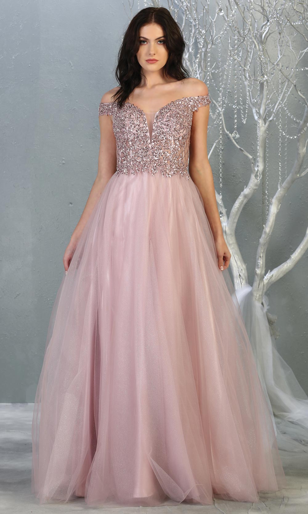 Mayqueen RQ7864 long mauve off shoulder sequin top evening gown. Full length flowy dress w/ tulle skirt is perfect for  enagagement/e-shoot dress, sweet 16, debut, formal evening party dress, prom, engagement, wedding reception. Plus sizes avail.jpg