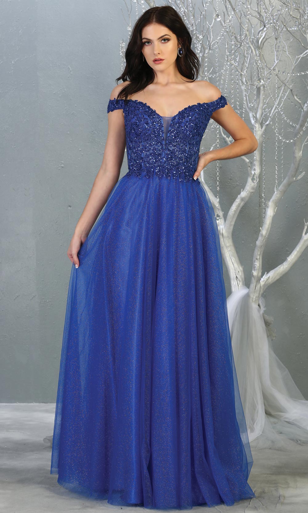 Mayqueen RQ7864 long royal blue off shoulder sequin top evening gown. Full length flowy dress w/ tulle skirt is perfect for  enagagement/e-shoot dress, sweet 16, debut, formal evening party dress, prom, engagement, wedding reception. Plus sizes avail.jpg