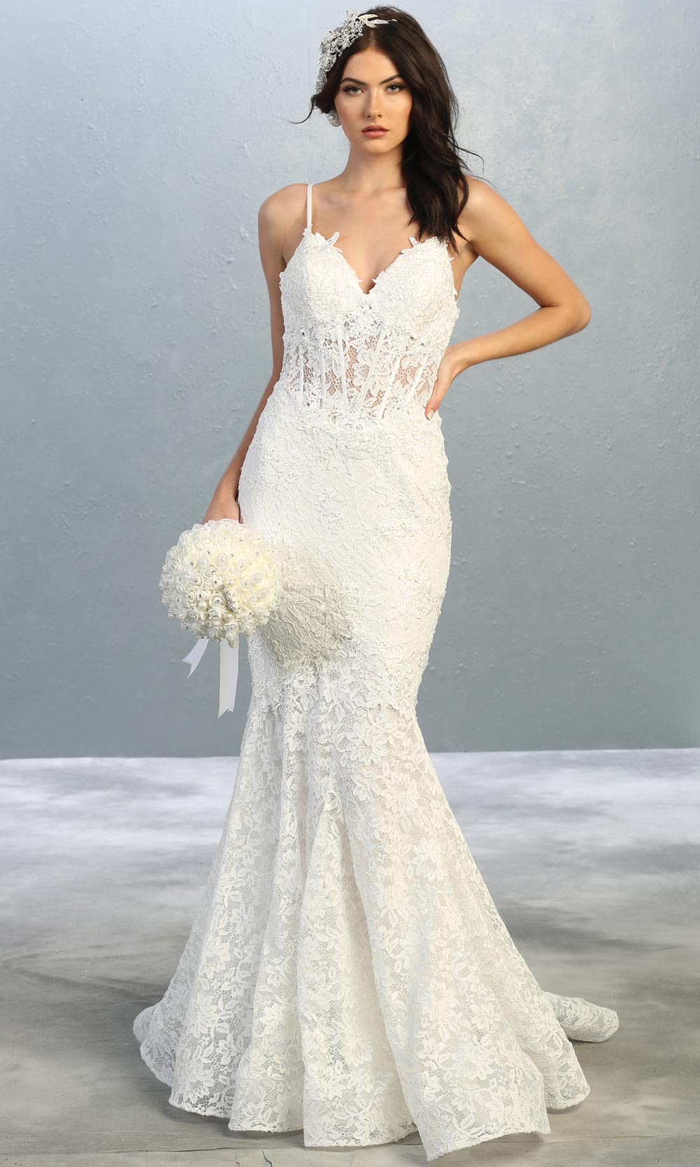 Mayqueen RQ7865-long ivory sexy wedding dress w/v neck & straps. Formal lace mermaid dress is perfect wedding bridal dress, sexy prom dress, court/civil wedding, second wedding, destination wedding dress, cheap wedding dress. Plus sizes avail.jpg