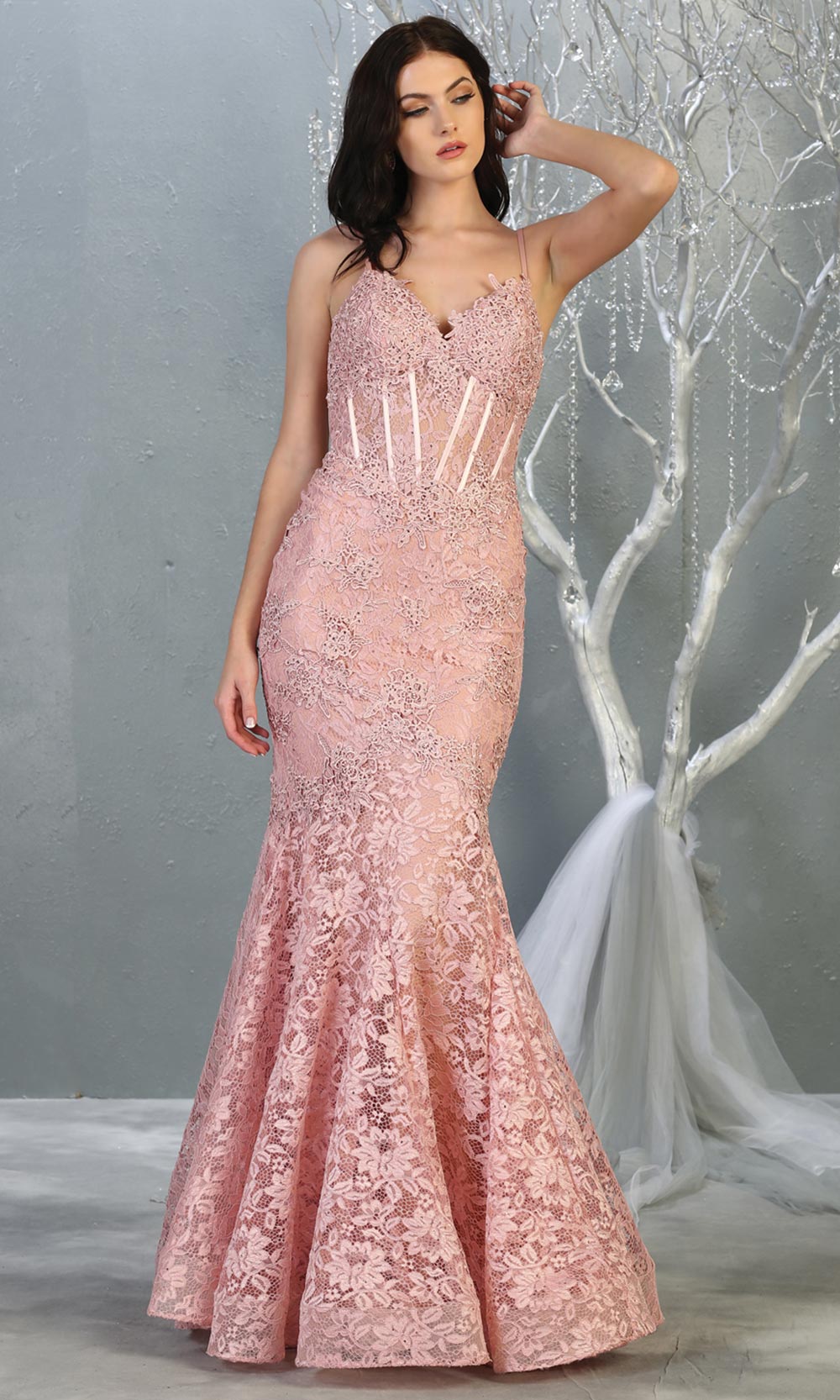 Mayqueen RQ7865 long dusty rose v neck evening mermaid dress w/straps. Full length dusty rose lace gown is perfect for  enagagement/e-shoot dress, formal wedding guest, evening party dress, prom, engagement, wedding reception. Plus sizes avail.jpg