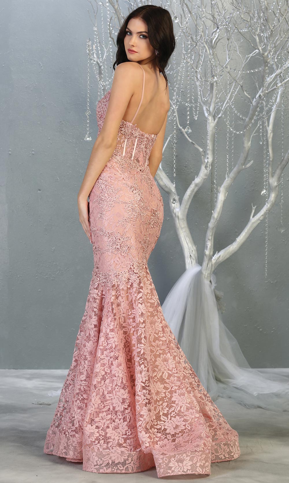 Mayqueen RQ7865 long dusty rose v neck evening mermaid dress w/straps. Full length dusty rose lace gown is perfect for  enagagement/e-shoot dress, formal wedding guest, evening party dress, prom, engagement, wedding reception. Plus sizes avail-b.jpg