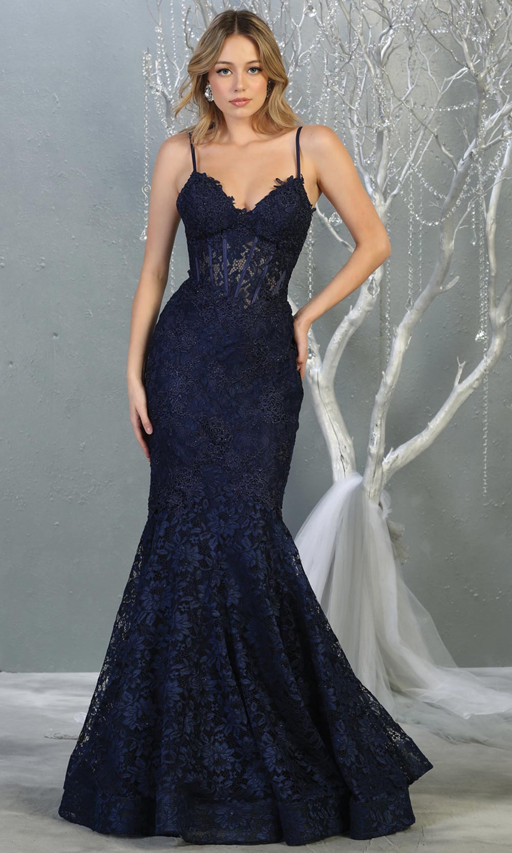 Mayqueen RQ7865 long navy blue v neck evening mermaid dress w/straps. Full length dark blue lace gown is perfect for  enagagement/e-shoot dress, formal wedding guest, evening party dress, prom, engagement, wedding reception. Plus sizes avail.jpg