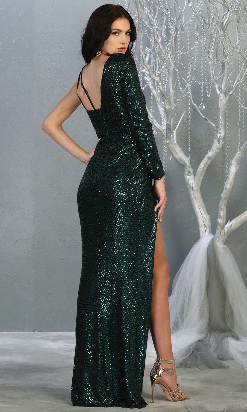 Mayqueen RQ7867 long hunter green sequin one shoulder evening gown w/long sleeve. Full length fitted dress is perfect for  enagagement/e-shoot dress, formal wedding guest, evening party dress, prom, engagement, wedding reception. Plus sizes avail-b.jpg